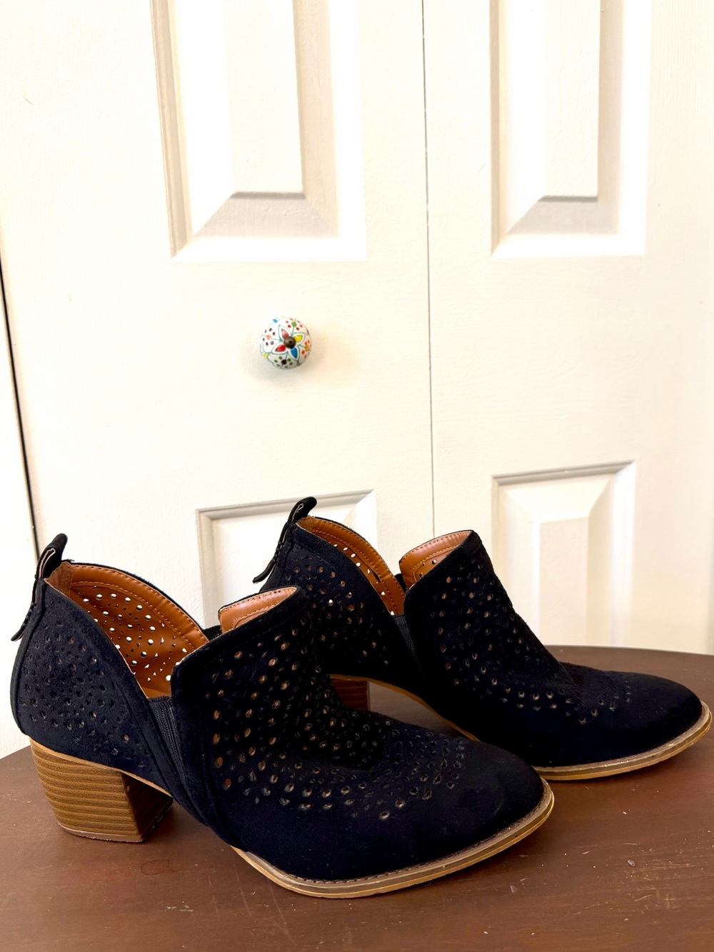 Perforated Suede Black Ankle Heel Boots
